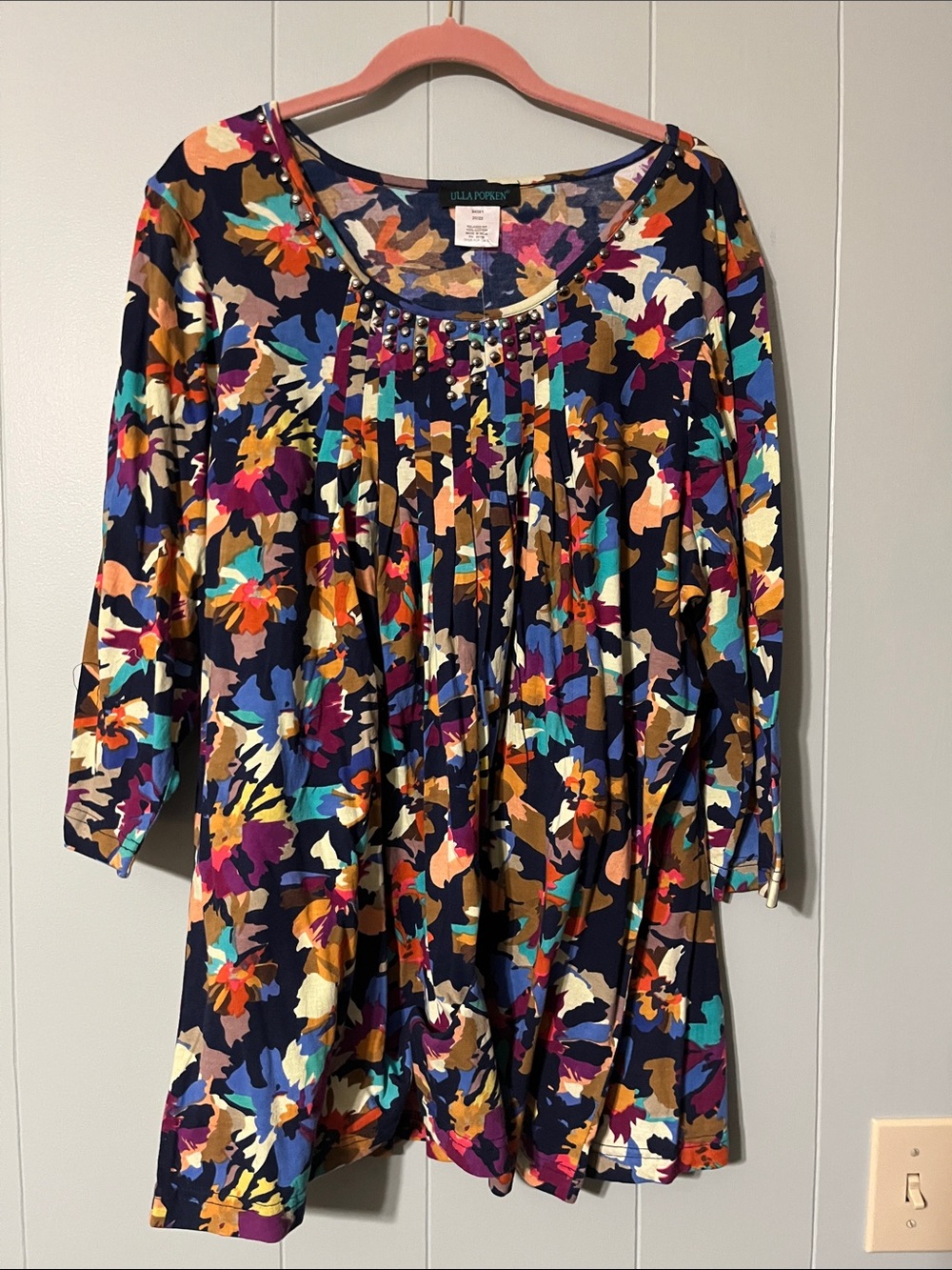Ulla Popken Navy Floral Blouse with Multi-Color Print and Stud Detail